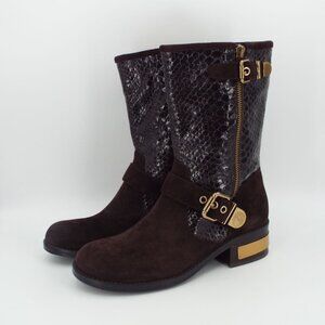 Vince Camuto Verona Dark Roast Shiny Snake Witty 2 Leather Buckle Moto Boots